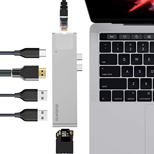 USB C HUB Adaptador USB Macbook Pro Compatible con Macbook Air 2018-2020 Macbook Pro 2016-2020, 1 * Ethernet, Thunderbolt 3 USB-C Power Delivery, 4K HDMI, 2 * USB 3.0, SD / TF Card Reader （Plata)