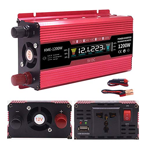 WHR-HARP Conversor 12V a 220V, Inversor de Corriente Onda Sinusoidal Pura 1200W Transformador de 12V a 220V, Inversor con 1 Toma EU Enchufe para Coche Caravana Barco Cámping de Viaje