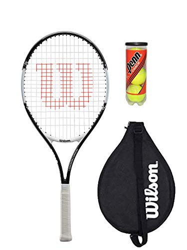 Wilson Federer 25 Junior - Raqueta de tenis con funda y 3 pelotas de tenis (varios modelos), color negro y blanco