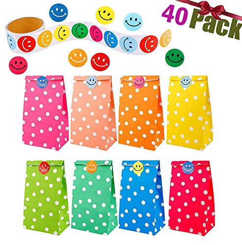 40 Piezas de Papel Bolsas de Regalo patrón de Puntos con un Rollo de 100 Pegatinas de Cara Sonriente para los niños Suministros Fiesta de cumpleaños, 8 Colores