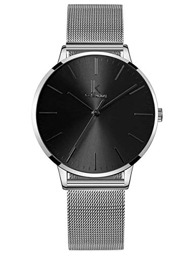 Alienwork Reloj Mujer Plata Banda de Malla Metálica Negro Ultra-Delgada