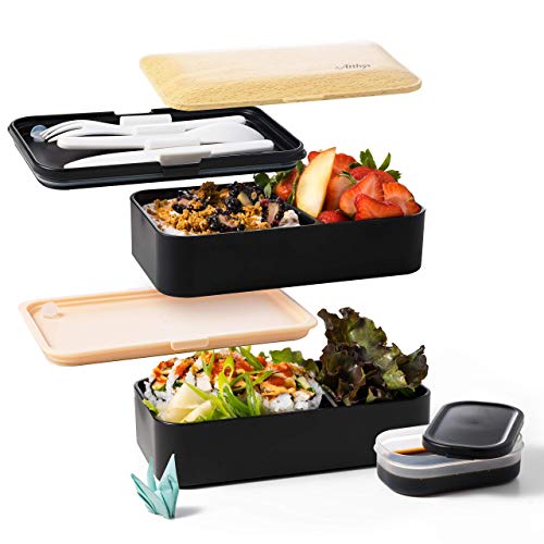 Atthys Fiambrera Bento Bambú Blanco | Bento Japonés Design 3 Cubiertos de Regalo | Bento Box 2 Compartimentos Estancos 1200 ml | Microondas y Lavavajillas | Tupper Madera Adultos o Niños Premium