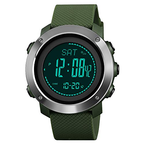 FeiWen Unisex Outdoor Militar Deportivo Digitales Brújula Relojes de Pulsera LED Electrónica Multifuncional Pulsómetro Altímetro Termómetro Alarma Reloj Plástico Bisel con Goma Correa (Verde 2)