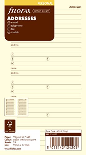 Filofax Personal - Recambio para agenda de anillas, agenda de contactos (nombre, dirección postal, dirección de correo electrónico, teléfono, fax y teléfono móvil), color crema (en inglés)