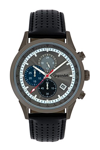 Gigandet Competition Cronógrafo de Cuarzo para Hombre - Reloj con Pantalla analógica - 100m/10atm Resistente al Agua con indicador de Fecha, Correa de Piel Negra y Esfera Gris/Azul - G17-004