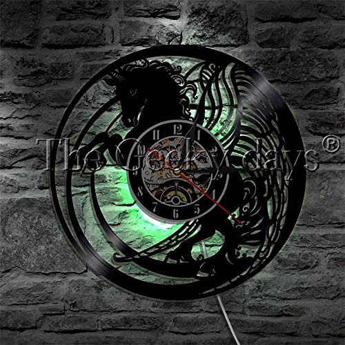 GODYS Reloj de Pared con Registro de Vinilo Reloj de Pared con Forma de Animal Pegaso Reloj de Pared con Silueta de Arte Decorativo con LED-con LED