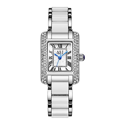 HHORD Reloj De Cerámica De Las Mujeres, Reloj De Cuarzo Analógico De La Mujer, Rhinestone Reloj De Pulsera De La Muñeca De Porcelana Banda para Las Mujeres,A