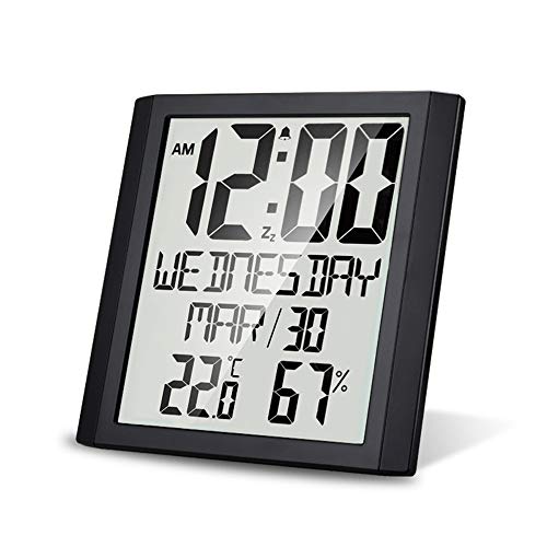 Lancoon Reloj de Pared de Pantalla Digital Grande, Reloj Digital de Temperatura y Humedad Interior con Pantalla TN, Tiempo de Viaje silencioso para Sala de Estar, Dormitorio, Oficina