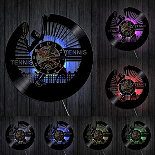 NIUMM Reloj De Pared De Vinilo Reloj De Pared De Tenis Jugador De Tenis Silueta Disco De Vinilo Reloj De Pared Raqueta Temática Deportiva Vintage Amante del Tenis Gift-with_Led