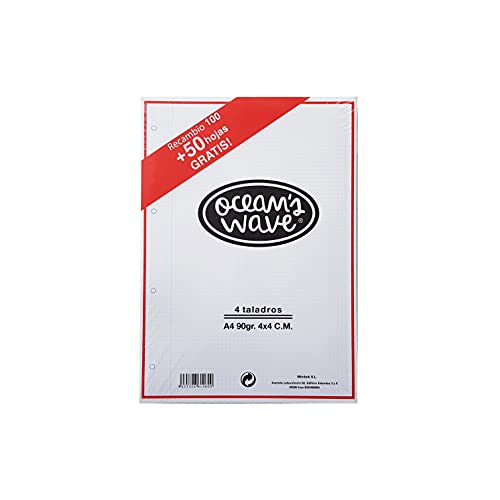 Ocean´s Wave Recambio Hojas Cuadriculadas A4 Perforadas Para Archivador De 4 Anillas