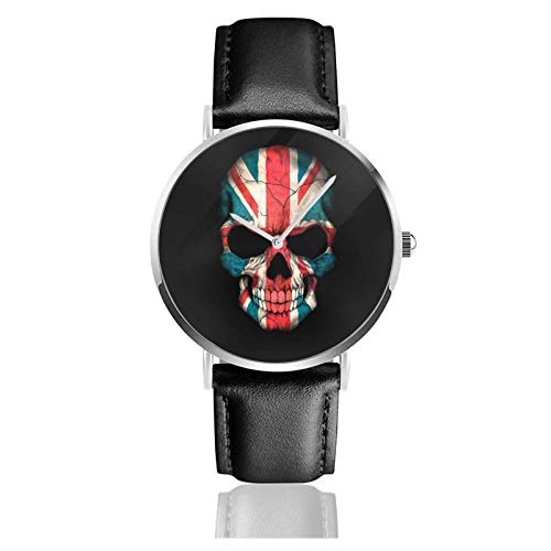 Reloj de calavera con bandera británica, movimiento de cuarzo, correa de reloj de cuero impermeable para hombres, mujeres, reloj inform