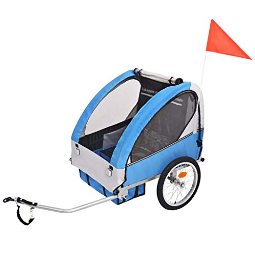 Remolque de bicicleta para niños gris y azul 30 kg,Es adecuado para 1 a 2 niños,137 x 77 x 87 cm
