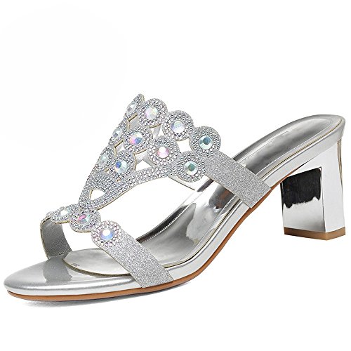 Sandalias de Verano para Mujer Zapatillas Medianas y Atractivas Piedras Preciosas Remolque de Word Tacones Gruesos Sandalias y Pantuflas, Plata-A, 38