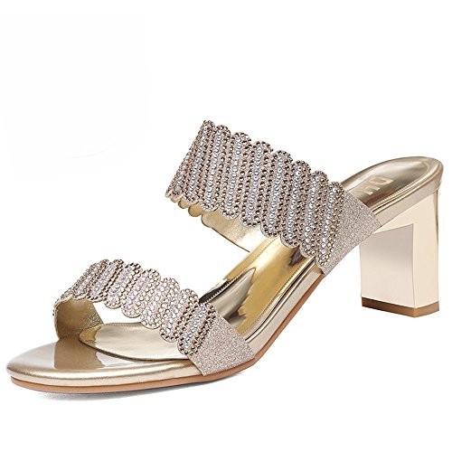 Sandalias de Verano para Mujer Zapatillas Medias de Diamantes de imitación Sexy Remolque de Word Medias de tacón Grueso Sandalias y Pantuflas, Gold-B, 40