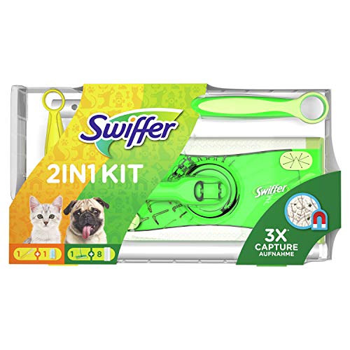 Swiffer Juego de mopa con 8 paños de suelo para el polvo y 1 mango con 1 paño magnético, pack con 1 pieza