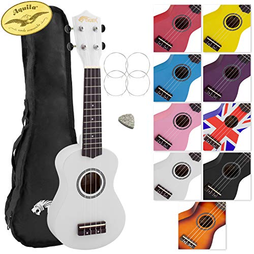 Tiger UKE7 Ukelele soprano para principiantes incluye funda, púa de fieltro, juego de cuerdas de repuesto. Nuevo de este 2020, ahora equipado con cuerdas Aquila,Blanco