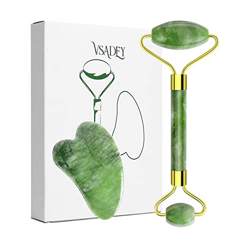 VSADEY Rodillo de Jade, Jade Roller 100% Natural, Rodillo Facial de Jade Herramienta Masajeador Roller Tools, Facial Masaje Piedra Gua Sha Jade Anti Aging para Cara, Cuello, Cuerpo y Ojos (2pcs)