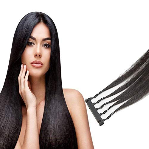 WHY 6D Cabello Humano Extensiones, 100% Negro Pelo Remy Conexión A La Cabeza del Cabello, Rápido Sin Rastro Extensión De Cabello, 10 Filas 5 Acciones Real Pelo Humano,28inch