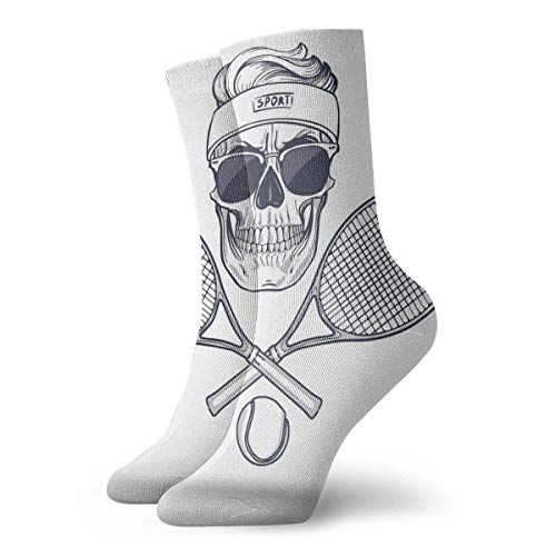 wwoman Novedad Divertido Crazy Crew Calcetín Calavera con raquetas de tenis Calcetines deportivos deportivos impresos Calcetines de regalo personalizados de 30 cm de largo