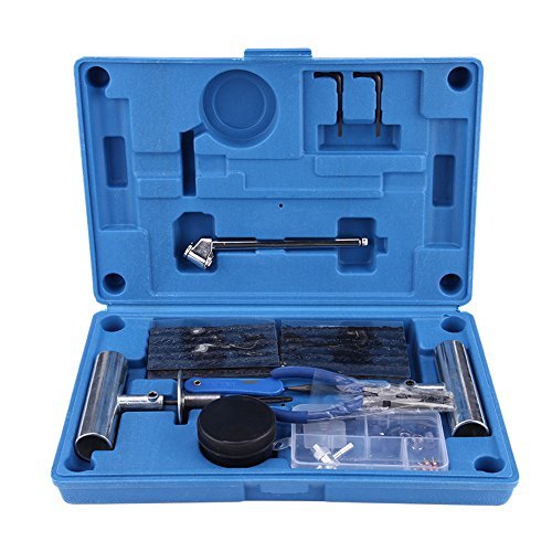 YOPOTIKA Kit de herramientas para reparación de neumáticos de coche, 67 piezas, para reparación de pinchazos pesados de neumáticos para coche, moto o camión, con caja de plástico azul