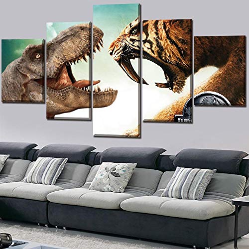 5 Cuadro sobre Lienzo Cuadro En Lienzo Película HD Dinosaur World 2 Vs Animals Tiger Impresiones En Lienzo Decoración del hogar Obras de Arte y Material Sin Marco 100x55 cm