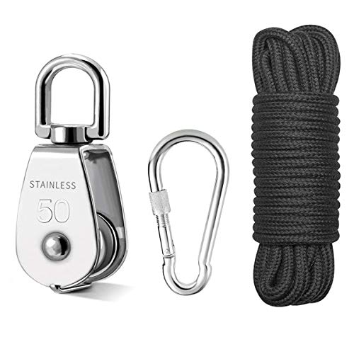 50MM 304 Grúa de polea de acero inoxidable Bloque giratoria Gancho giratorio Polea simple Rueda remolque de alambre colgante -Con línea de polea de nylon Cuerda y mosquetón Clips gancho de seguridad