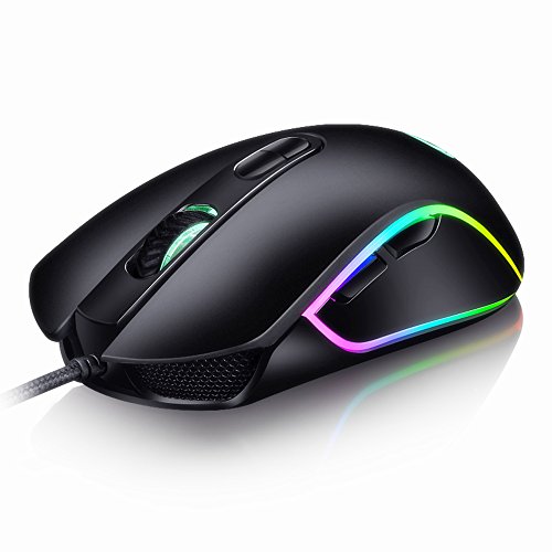 AhaSky Ratón Gaming con Cable Profesional USB 4800 DPI Ajustable RGB y 6 Botón Compatible con Windows 7, 8, 10, XP y Mac OS, para Gamer de Alta Precisión