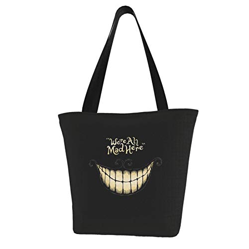 Alicia en el país de las maravillas Were Ah Mad Here Smiley Fface - Bolso grande con asa superior con cremallera para mujer, bolso de moda para niñas, viajes, escuela, compras