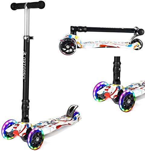 arteesol Patinete para niños a partir de 2 años, plegable, 3 ruedas con flash LED, altura regulable, diseño de graffiti