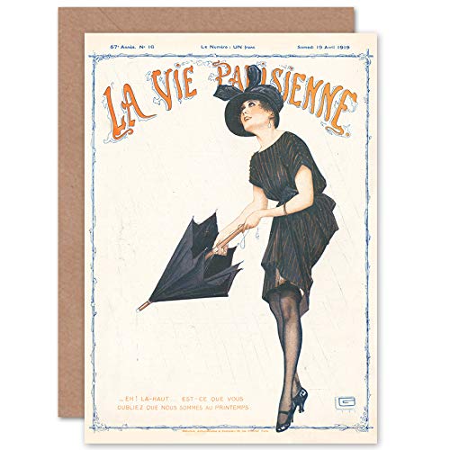 Artery8 La Vie Parisienne Spring Rain Umbrella Magazine Cover Sealed Greeting Card Plus Envelope Blank Inside París Primavera Lluvia Paraguas Portada de la Revista Cubrir