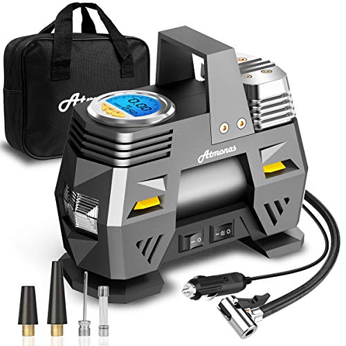 Atmonas Compresor Aire Coche, Compresor Aire Portatil Digital, DC 12V 150PSI (0-35PSI en 4 Mins), Inflador Ruedas Coche con Apagado Automático, LED Luce, 3 Adaptadores de Boquillas y Fusible Adicional