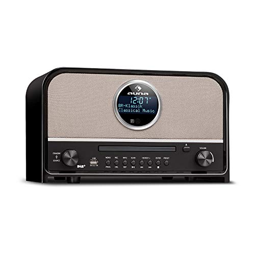 auna Columbia Radio Signature Black Edition - Reproductor de CD y de MP3 , Bluetooth , AUX , USB , Dab+/FM , 60 W , Despertador , Autoapagado , Pantalla LCD , Diseño Retro , Negro