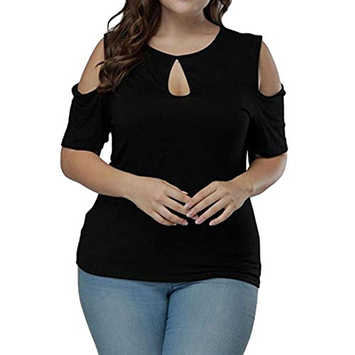 Camisetas Tallas Grandes Mujer Manga Casual Verano Modernas Camisas Elegante Corta Cuello Redondo Agujeros T Shirts Unicolor Anchas Casual Fuera del Hombro Shirts (Color : Schwarz, Size : XL)