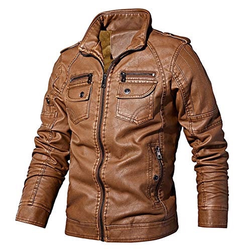 Chaquetas de Moto Informales de Lana de Invierno para Hombre Chaquetas de Abrigo de PU de otoño Chaquetas cálidas Vintage Dd8818 Brown L