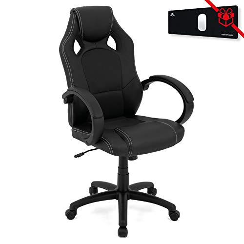 COMIFORT Silla Gamer Silverstone de Respaldo Alto Tapizada en Piel Sintetica. Reposabrazos Acolchados y Tapizados. Basculante con Mecanismo de Mariposa, Ruedas Silenciosas y Altura Regulable. Negro