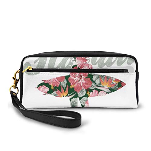 Estuche pequeño de piel sintética, diseño de hibisco tropical hawaiano hibisco surf niña silueta tabla de surf retro temática artística, bolsa de maquillaje bolsa