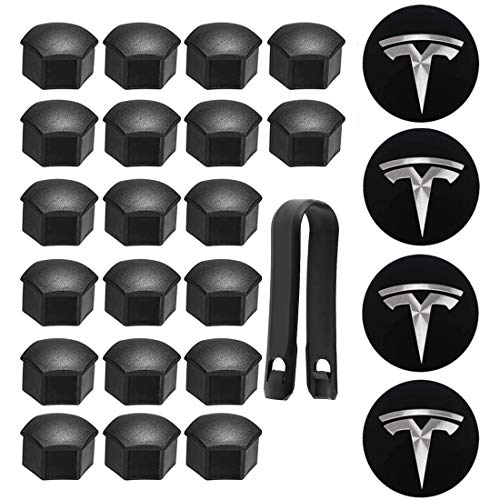 Gebildet 20Pcs Tapas de Tuerca de Rueda, Tapas de Tuerca de Perno de Rueda (Mate, Negro), Tapas de Tuerca de Neumático Hexagonales para Te-sla Model 3 Model S Model X + 4Pcs Blanco Logotipo Central