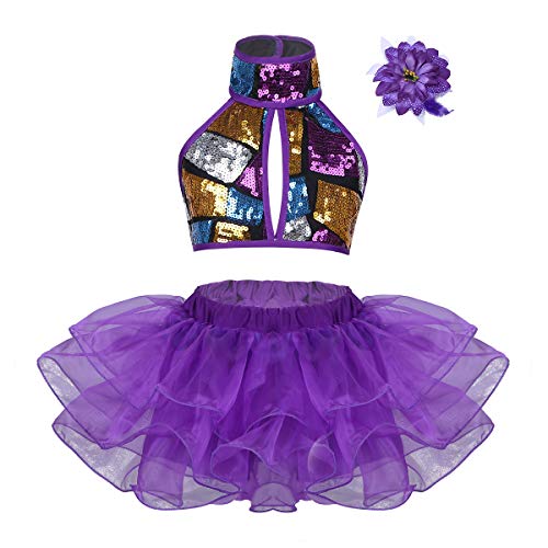 IEFIEL Vestido Lentejuelas de Patinaje Artistico para Niña Maillot de Gimnasia Ritmica Vestido Tutú Sin Manga de Danza Ballet Morado 3-4 años