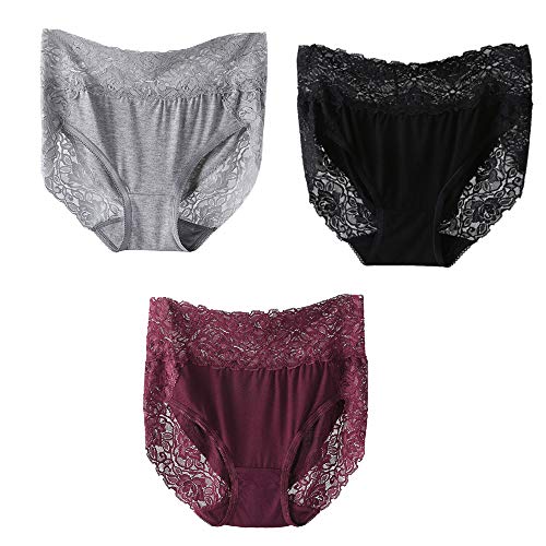 iMixCity 3 Piezas Conjunto de Bragas Diarias Mujeres Ropa Interior Braguitas de Encaje Sexy de Cintura Alta Hipster Modal Bragas (M: 34/36, Negro + Gris + Borgoña)