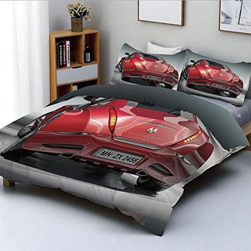 Juego de funda nórdica, rojo, diseño de concepto de coche deportivo, motor realista y potente, velocidad del vehículo, automóvil, juego de cama decorativo de 3 piezas con 2 fundas de almohada, rojo, n