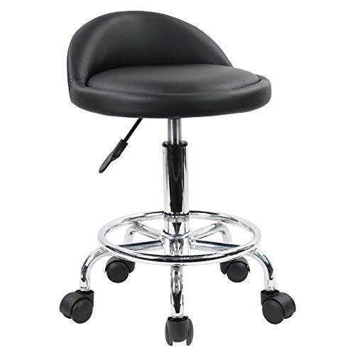 KKTONER Taburete de Cuero Artificial con Respaldo Giratorio Taburete con Ruedas de Altura Ajustable con Ruedas para Pintar Tatuaje Masaje SPA Tienda Taburete de Trabajo con Pedal(Negro)