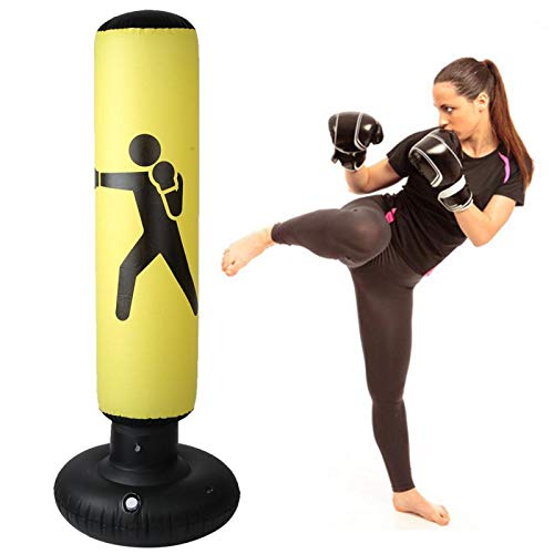 Liukouu Saco de Boxeo de pie Inflable, Saco de Arena de 25.6"con Columna, Vaso para niños y Adultos Fitness Sport Stress Relief Target Boxing(Amarillo)