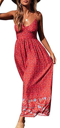 Longwu Vestido Maxi de Verano con Cuello en V Floral Sexy Boho de Las Mujeres Correa de Espagueti Ajustable sin Respaldo Cintura elástica Vestido de Verano Rojo-M