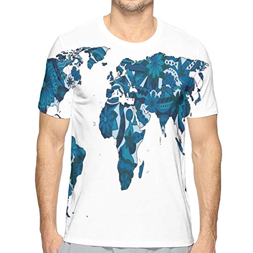 Mens 3D Printed T Shirts,Flourish In Blue Tones Earth Continents with Ornate Eco Plants M