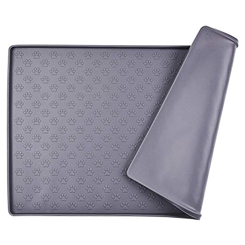 MOACC Alfombrilla de Silicona para Comederos de Perros Gatos, Estera Comida y Agua Antideslizante Impermeable Tapetes para Comer para Mascota, Gris Pata Patrón, 47 x 30 cm