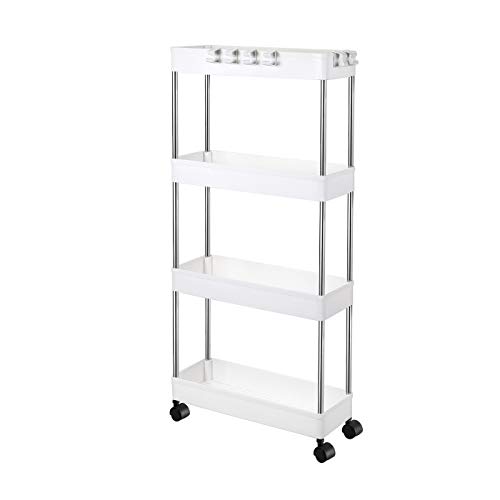 Olliwon Carritos Auxiliares para Cocina y Baño, 4 Alturas con Ruedas, Ideal como Almacenaje Adicional para Cocina, Vestíbulo, Dormitorio o Oficina - Blanco