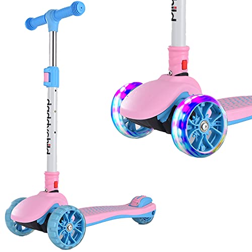 Patinete infantil de 3 ruedas plegable para niños a partir de 3 – 14 años, patinete infantil con 3 ruedas LED de poliuretano, manillar ajustable, máximo 50 kg (rosa)