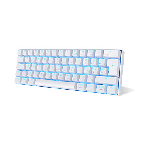 Rk Royal Kludge RK61-DE QWERTZ - Teclado mecánico con Bluetooth, teclas PBT, con cable/inalámbrico, teclado QWERTZ (no necesariamente español) blanco Blanco, interruptor azul.