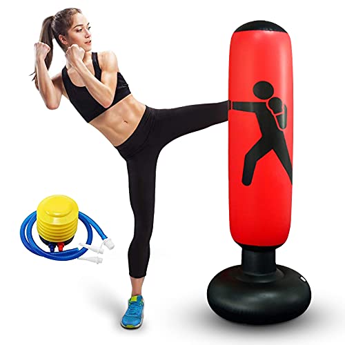 Saco de Boxeo de Pie Inflable,160CM Sacos de Arena de Columna,del Soporte de la Torre con Bomba de Aire,Rebote Inmediato,para Practicar Karate, Taekwondo y Descompresión (Rojo)