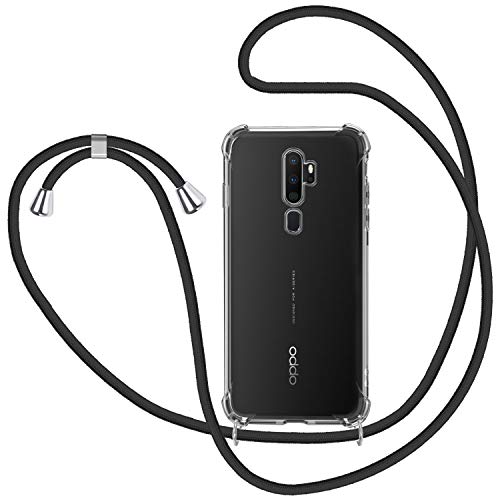 SAMCASE Funda con Cuerda para OPPO A9/A5 2020, Carcasa Transparente TPU Suave Silicona Case con Correa Colgante Ajustable Collar Correa de Cuello Cadena Cordón - Negro